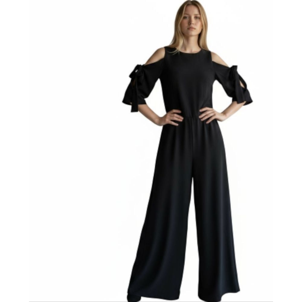 🌹JUST TAYLOR BLACK JUMPSUIT SHEER FAUX TIE COLD SHOULDER sz 4